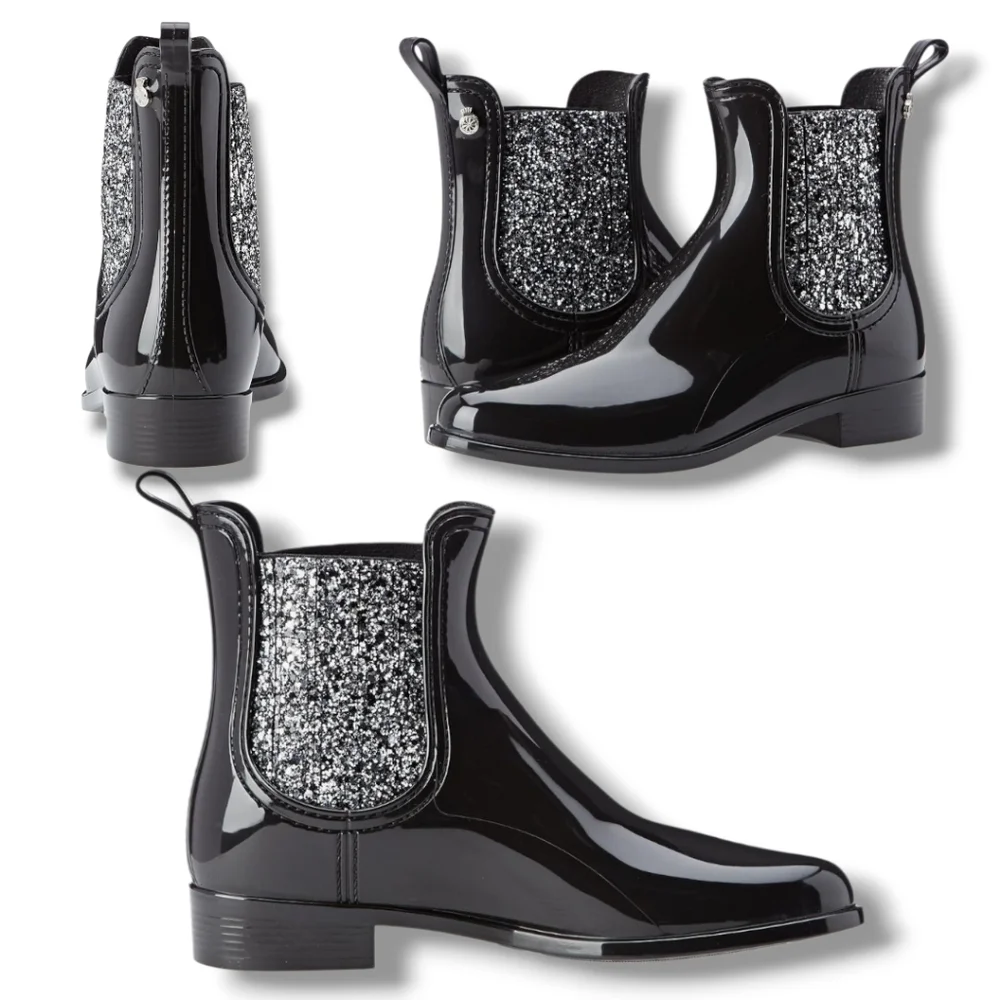 Like New 🩶🖤 Lemon Jelly Sardenha Wellington Black Rubber Glossy Glitter Boots - Picture 1 of 16
